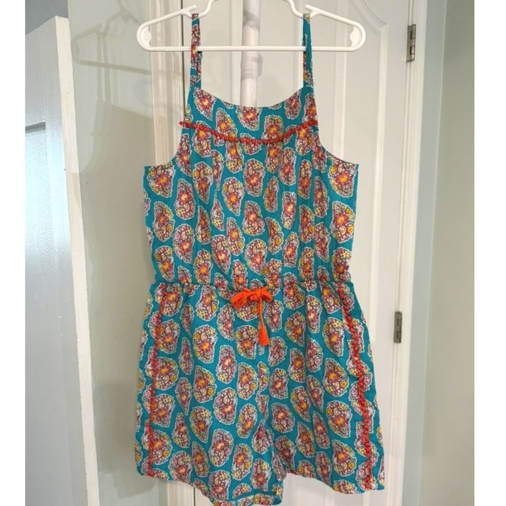 Mini Boden Girls Blue Paisley Romper Cotton Summer Preppy Spaghetti Strap 9-10Y